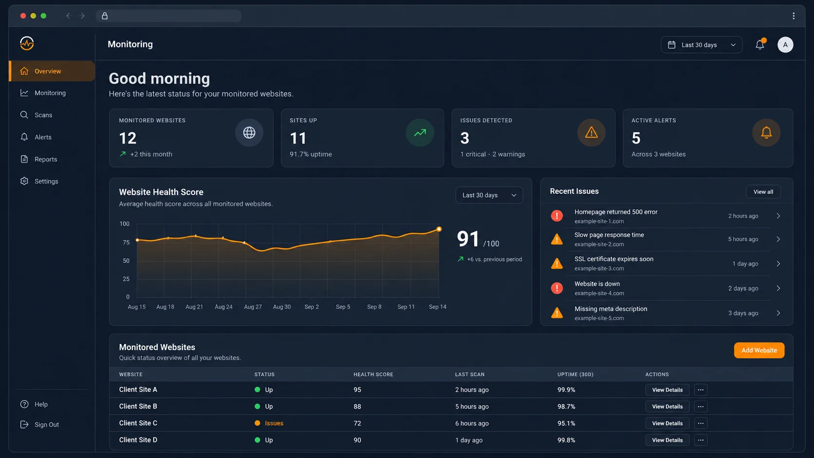 PulseWMS website monitoring dashboard for agency website health and uptime workflows